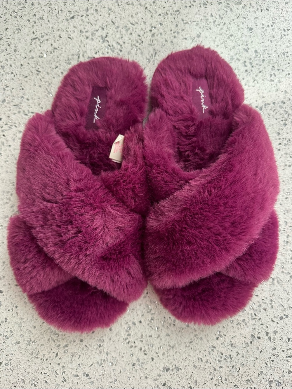 PINK Victoria's Secret Plush Crisscross Slide Slippers in Deep Magenta